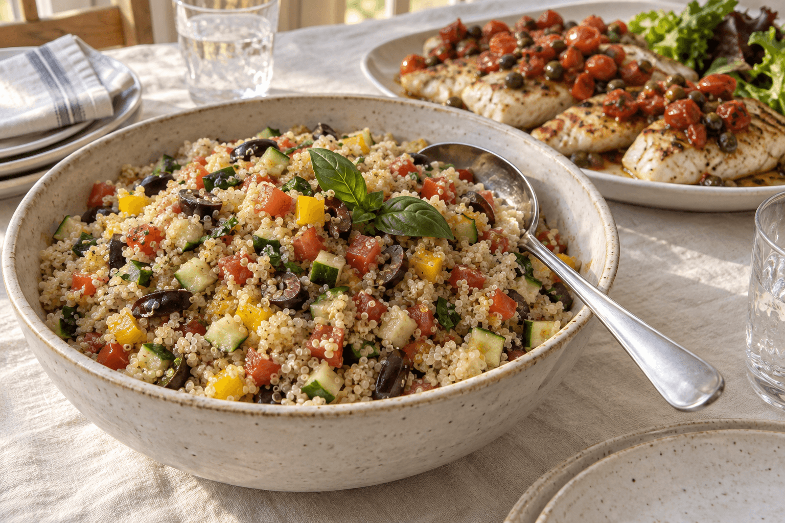 A large bowl of Quinoa Salad with; cucumber, tomato, yellow capsicum and chopped black olives garnished with fresh basil leaves