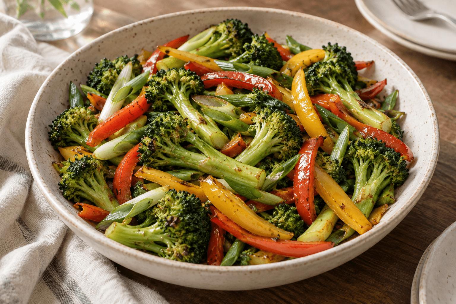 A bowl of stir fried vegetables; broccoli, red and yellow capsicum and spring onion