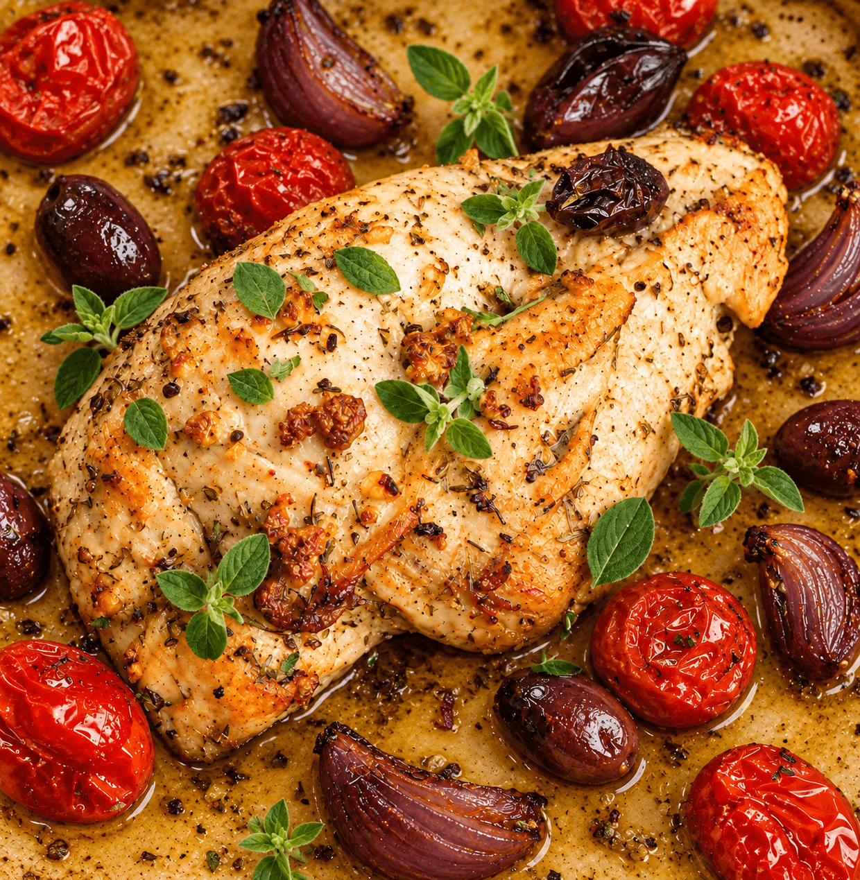 Roasted chicken breast with cherry tomatoes, red onion and black olives garnished with oregano