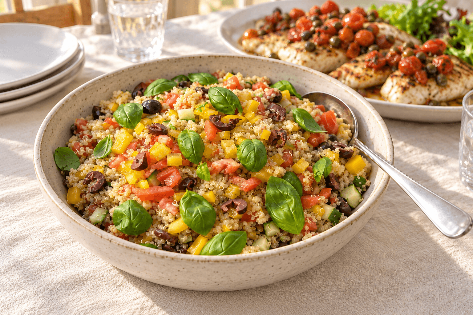 A large bowl of Quinoa Salad with; cucumber, tomato, yellow capsicum and chopped black olives garnished with fresh basil leaves