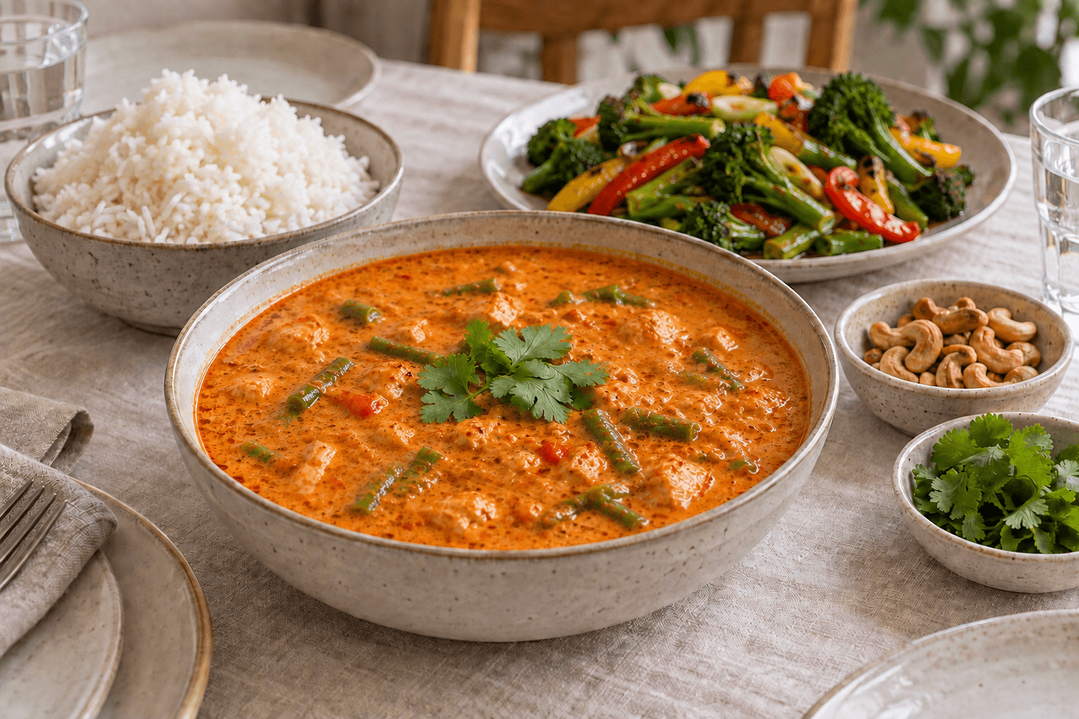 A large bowl of Red Thai Chicken Curry with green beans garnished with coriander presented with side dishes; a bowl of white rice, stir fried vegetables, a small bowl of cashew nuts and coriander