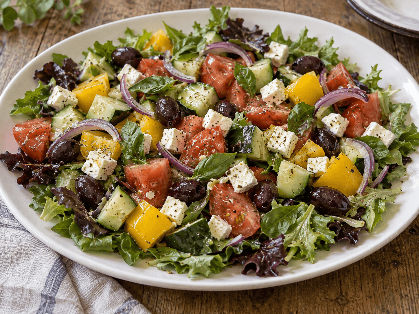A bowl of Greek salad. Chunks of cucumber, yellow capsicum, tomato, feta black olives, red onion garnished with oregano
