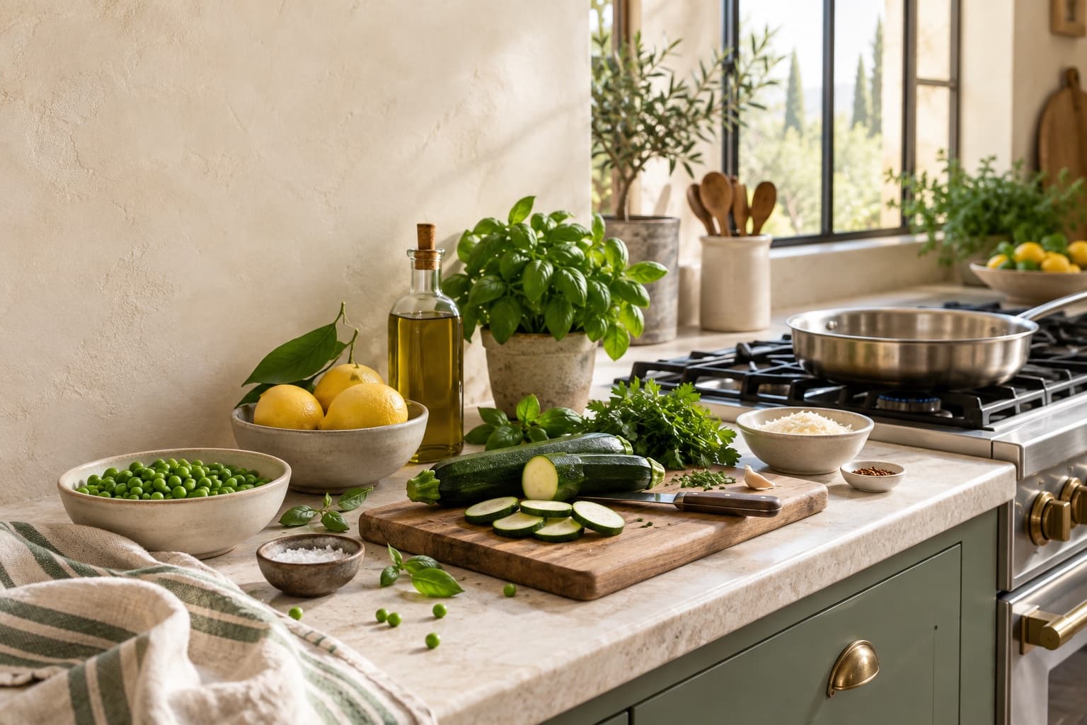 Fresh ingredients and herbs ready to cook beside the stove in a light kitchen