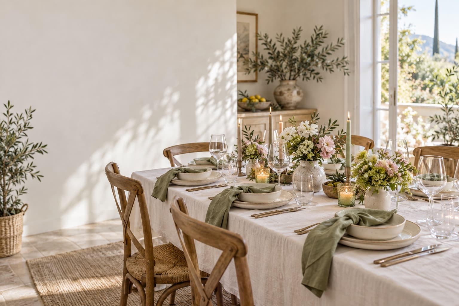 An indoor dinner table set with linen, flowers and glassware before guests arrive